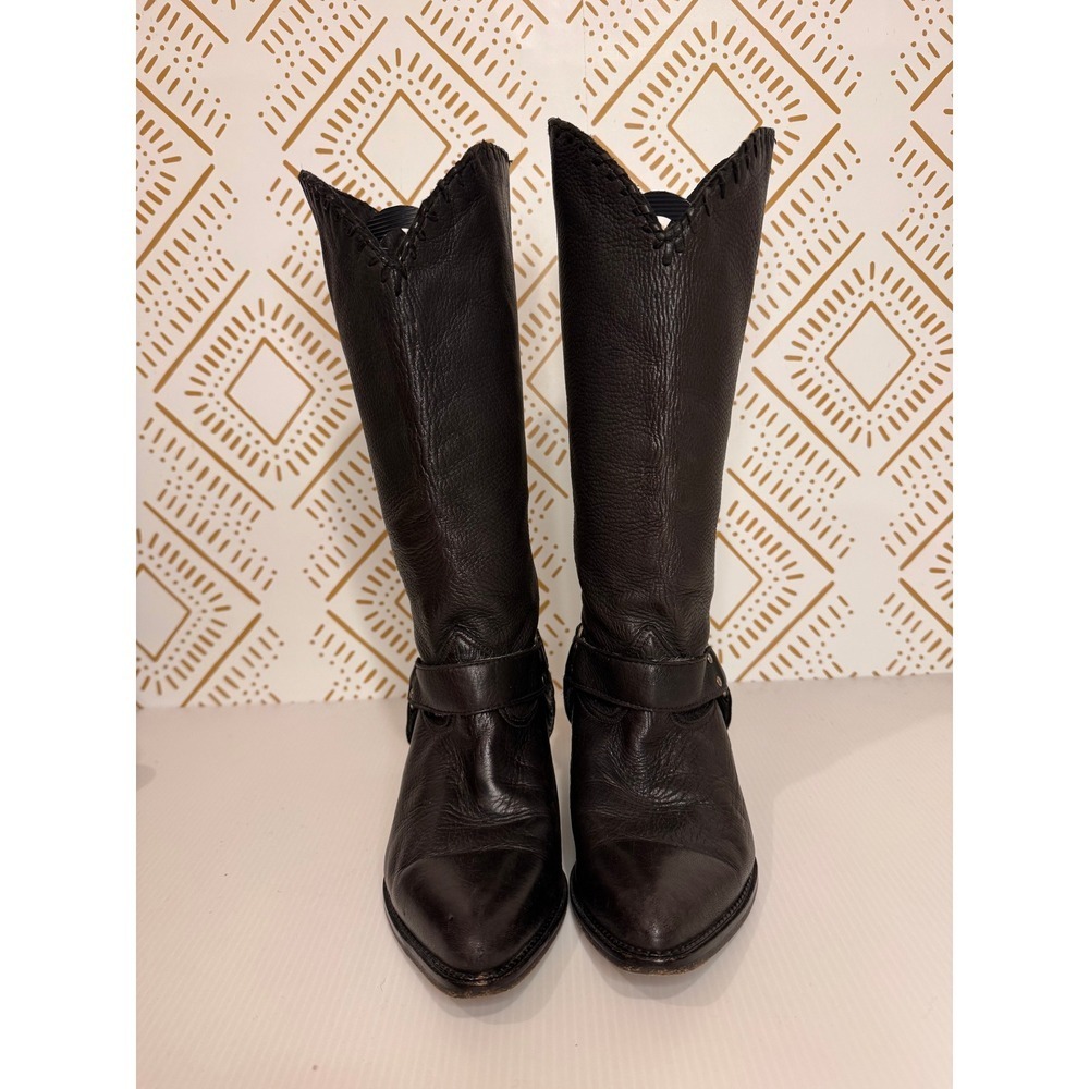 Vintage Zodiac Black Leather Harness Boots Womens 6 Western Biker Edgy Moto - Picture 5 of 13